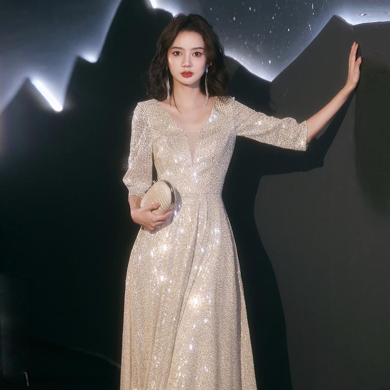 香槟色亮片晚礼服女高级感气质轻奢高端大气年会主持人连衣裙长款