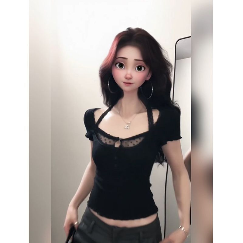 Black Lace Stitching Short-sleeved T-shirt Women's Summer Waist-closed Pure Spice Girl Short High-end Shoulder Top
