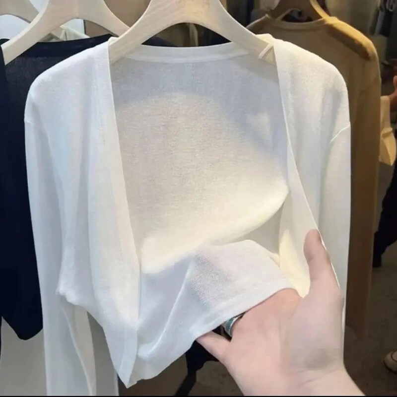Summer Thin Long-Sleeved Sun Protection Cardigan for Women, Short Waistoutwear, Ice Silk Knitted Small Outwear, Versatile Shawl Top