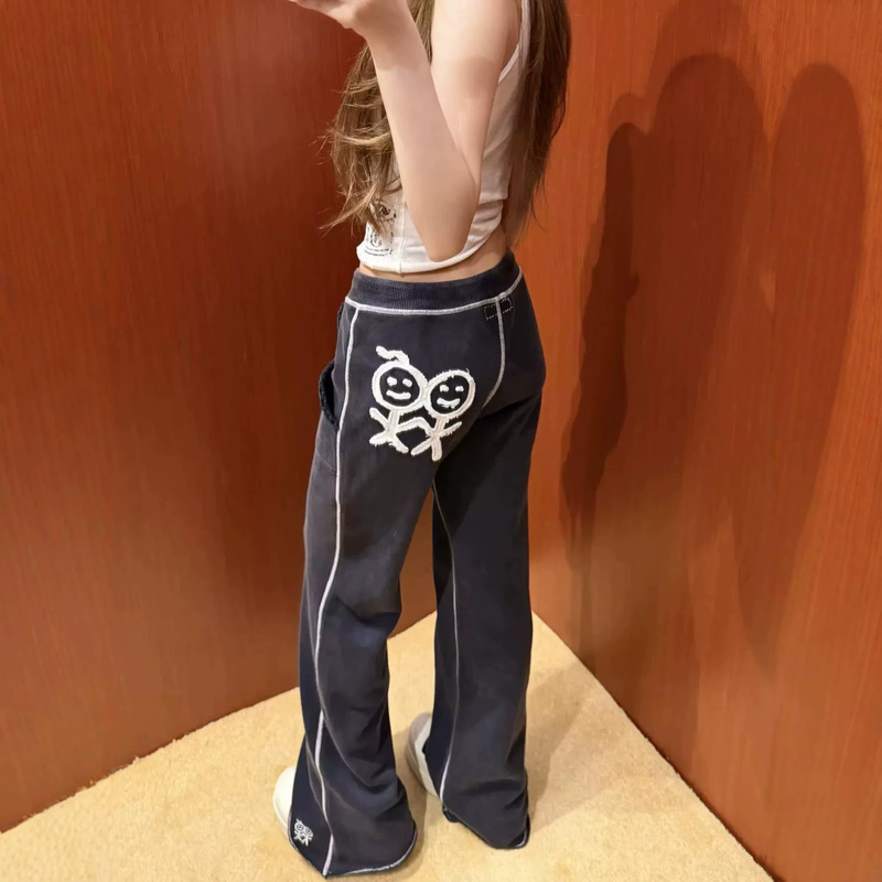 Correct version of Korean-style embroidered matchman flared drawstring sweatpants for women, loose casual long pants, 26 autumn/winter new style for women Correct version of Korean-style embroidered matchman flared drawstring sweatpants for women, loose casual long pants, 26 autumn/winter new style for women