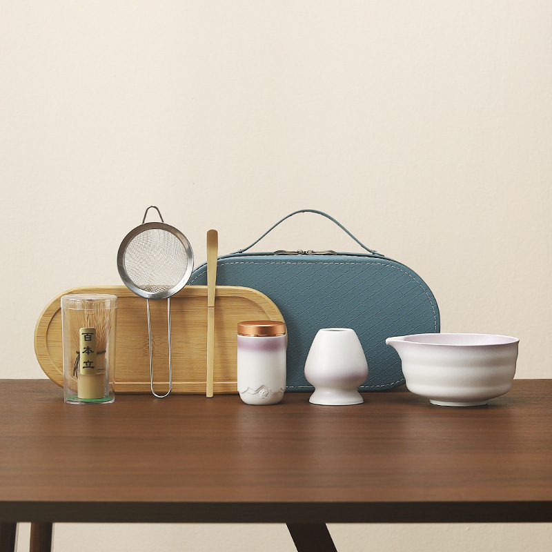 Japanese-style rustic ceramic gradient purple matcha set, ceramic matcha bowl, 100-prong tea whisk, portable travel tea set accessories Japanese-style rustic ceramic gradient purple matcha set, ceramic matcha bowl, 100-prong tea whisk, portable travel tea set accessories