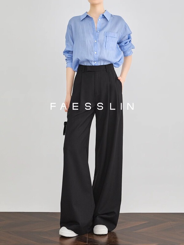 177 #   FAESSLIN【A4ウエストキラー】ブラックハイウエストスーツパンツエクストラロング高級ドレープ薄手ワイドパンツ|undefined