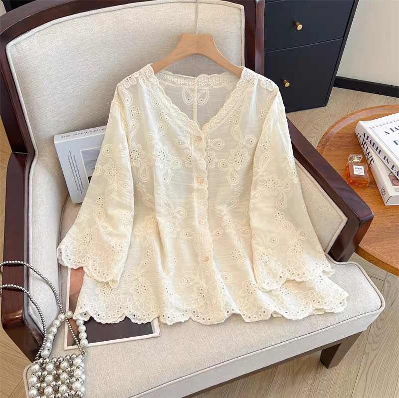 Lace Knitted Embroidered V Neck Cotton and Linen Shirt Jacket for Women Summer Large Size Loose, Light and Breathable Outer Sun Protection Cardigan