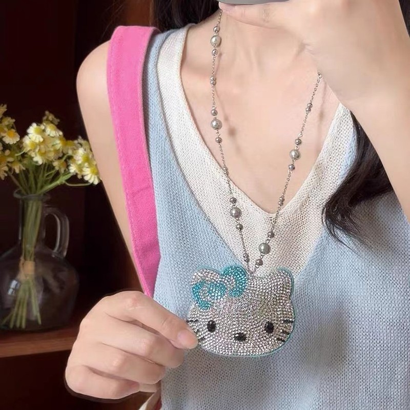 可爱满钻kt猫珍珠项链女轻奢小众设计长款甜酷风卫衣毛衣链配饰|undefined