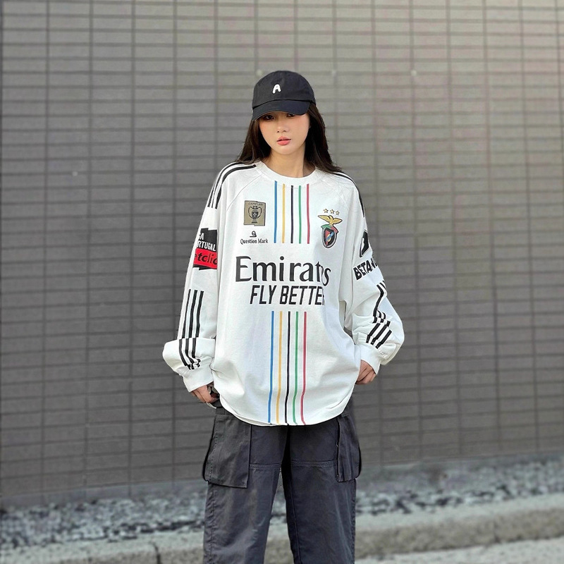 American Sports Letter Print Contrasting Stripesd Round Neck Long-Sleeved Women's Early Autum Loose No. 11 Street Jersey Sweatshirt
