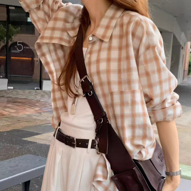 In Stock 2026 Spring New Korean Style Ou*Ce Loose Slimming Look Lapel Single-Breasted Plaid Long-Sleeved Shirt Top In Stock 2026 Spring New Korean Style Ou*Ce Loose Slimming Look Lapel Single-Breasted Plaid Long-Sleeved Shirt Top