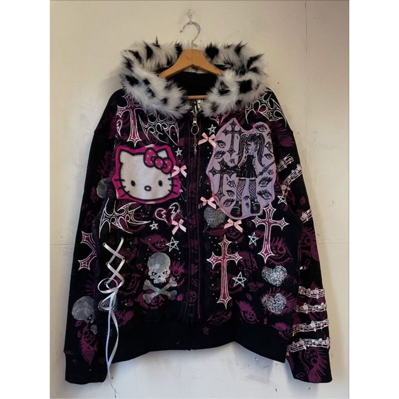 Subculture Punk Rock Dark Shibuya Harajuku Sexy Hello Kitty Skull Hooded Sweatshirt Jacket