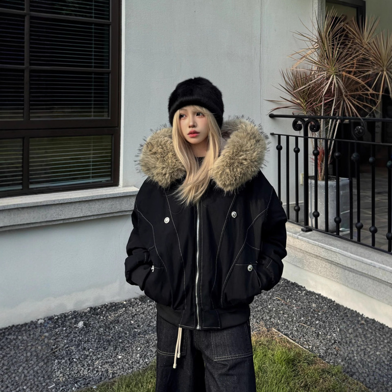 American Retro Black Mountain Eagle Coat for Women, Autumn and Winter Parka, Fleece-Lined and Thickened, Chinese Style Short Jacket, Cotton-Padded Jacket