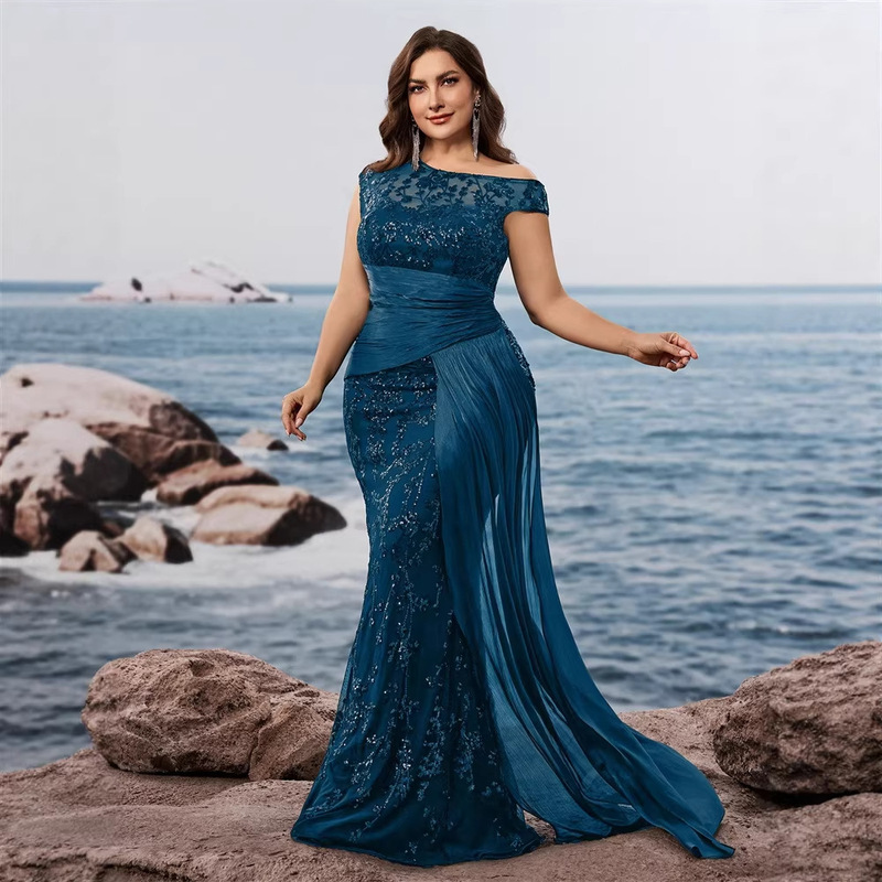 European and American Style Plus-Size Elegant Sequin Patchwork Fitted V-Neck Sleeveless Cocktail Evening Dress for Mothers European and American Style Plus-Size Elegant Sequin Patchwork Fitted V-Neck Sleeveless Cocktail Evening Dress for Mothers