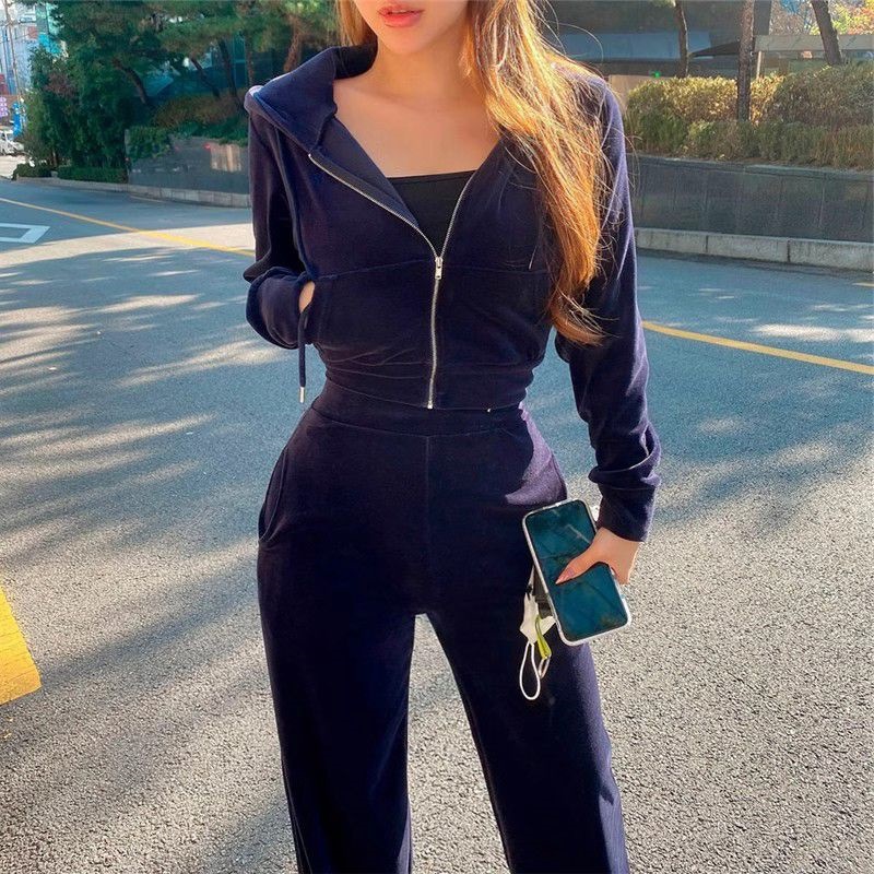 골든 벨벳 후드 지퍼 스웨터 세트 여성 가을 겨울 새로운 한국식 루즈 캐주얼 패션 여성 투피스 세트