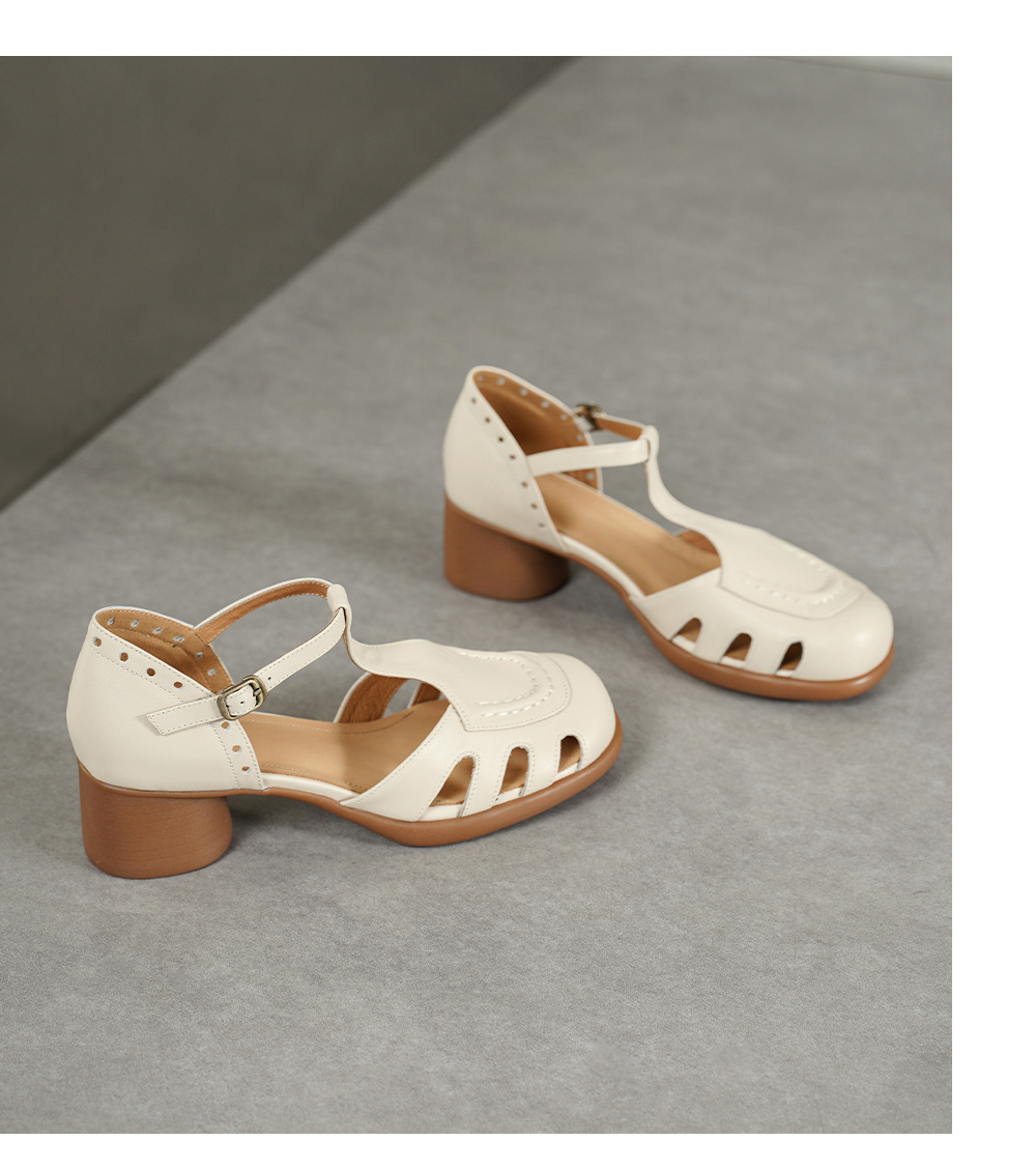 Sandal cao gót nữ mũi nhọn quai ngang khóa T, gót 5 cm, da bò thật — đen chi tiết 18