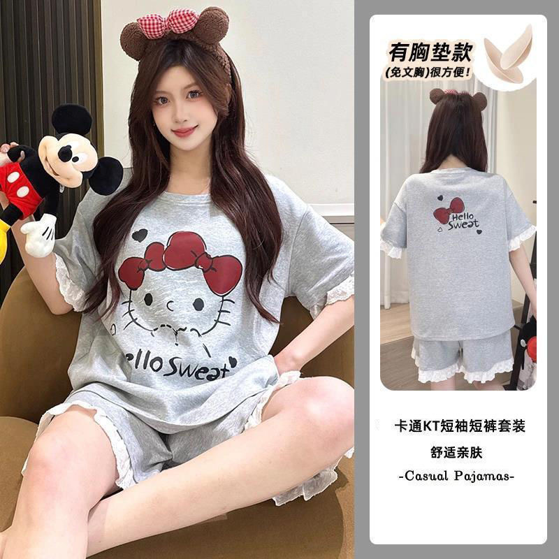 仿棉花边爆款带胸垫睡衣女短袖短裤花边夏季家居服套装外穿涤纶