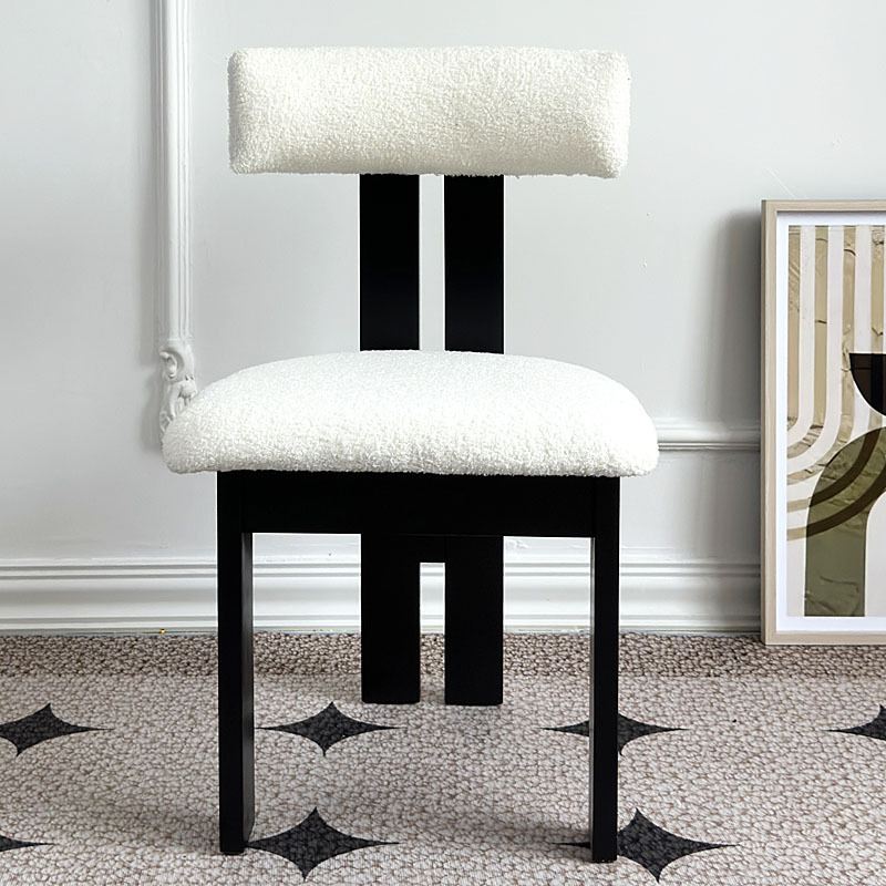 Solid Wood Dining Chair, French-Style Vintage Home Desk Chair, Backrest Chair, Nordic Mid-Century Vanity Chair with Lambswool