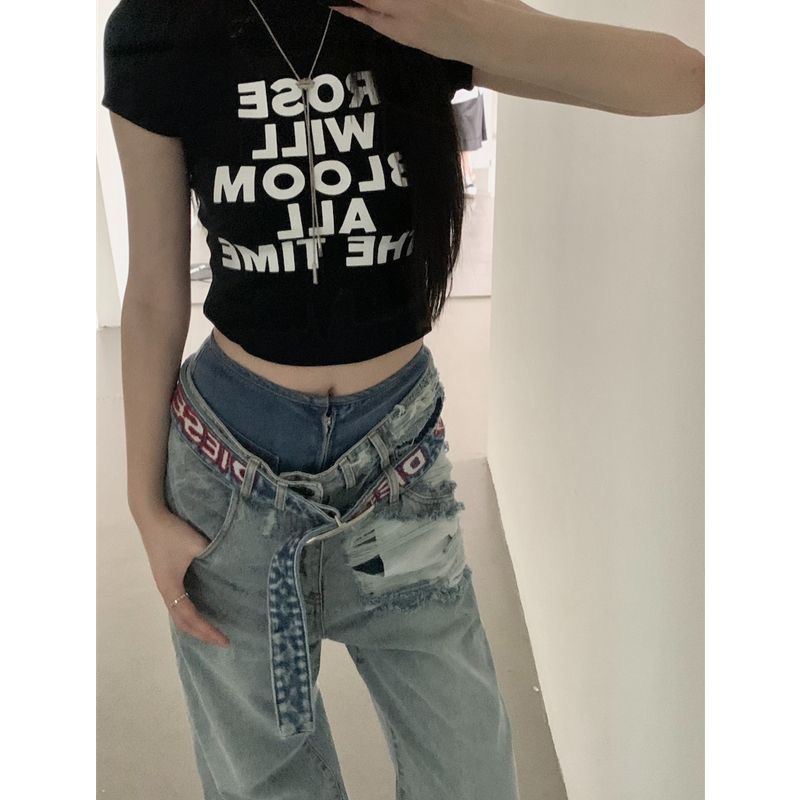 Tendencia de algodón dulce caliente letras hombro camiseta de manga corta 2026 verano nuevo diseño delgado camiseta de cuello redondo