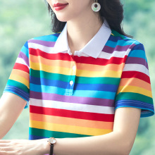 横条纹纯棉短袖t恤女士翻领夏天中年妈妈有领上衣运动polo衫上衣