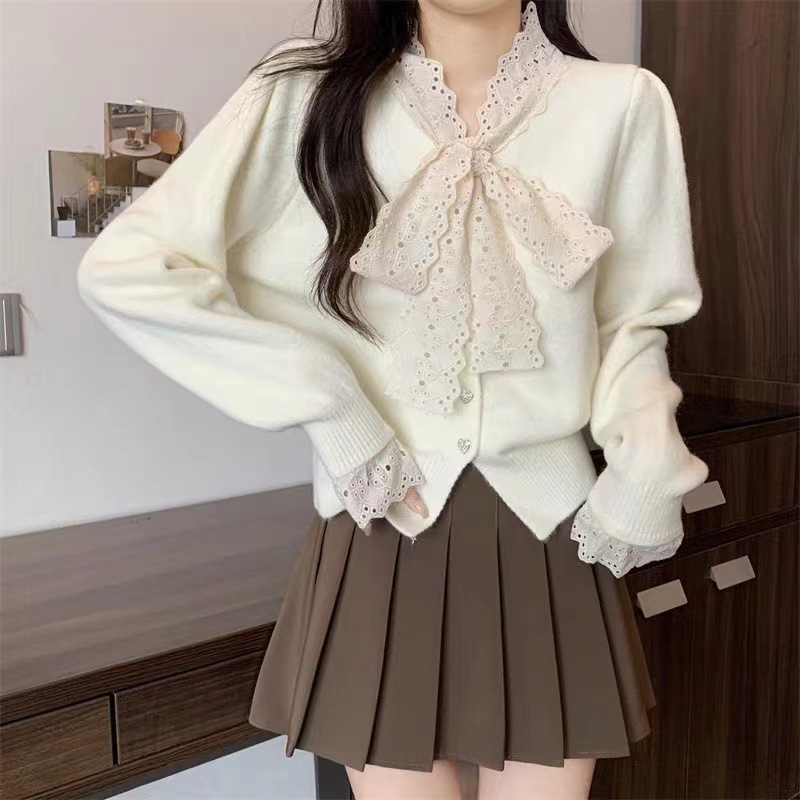 蓝色蕾丝蝴蝶结v领毛衣针织衫女春秋奶呼呼穿搭甜美软糯长袖上衣|undefined