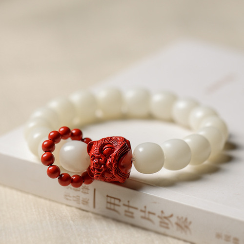 Original White Jade Bodhi Bead Bracelet, Traditional Style, Women's Lion Holding Handmade Craft Jewelry, Finger Ring Style Buddhist Rosary