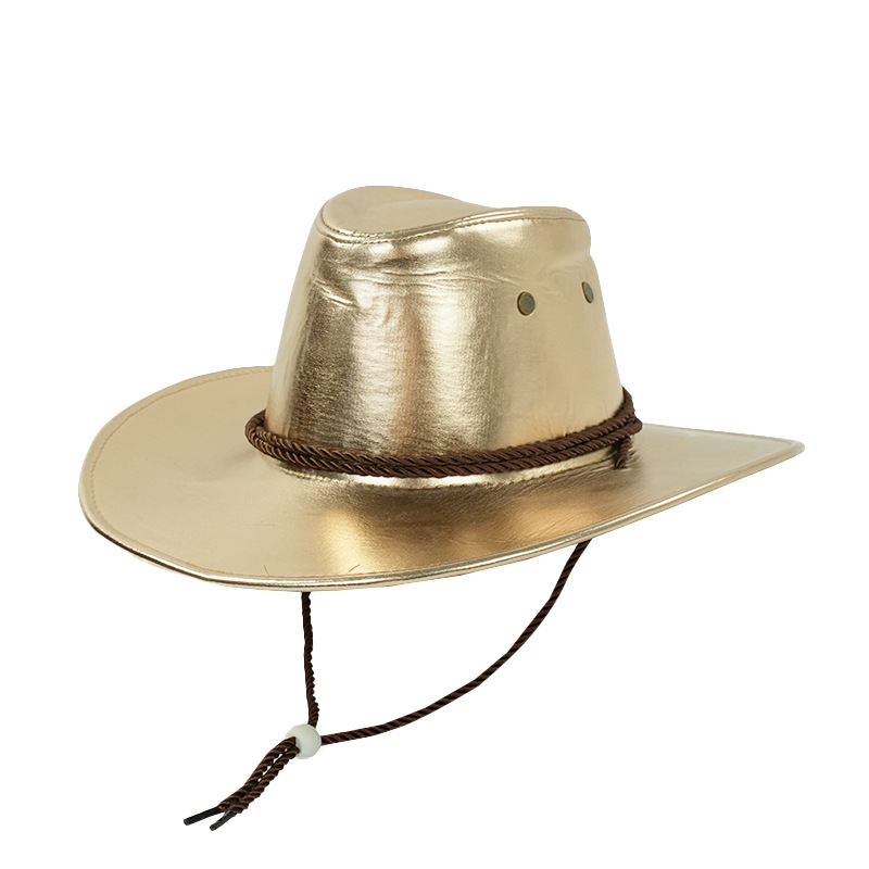 Cappello da cowboy western alla moda in pelle PU color oro unisex, cappello da montagna jazz, tutto in tonalità_voghion.com