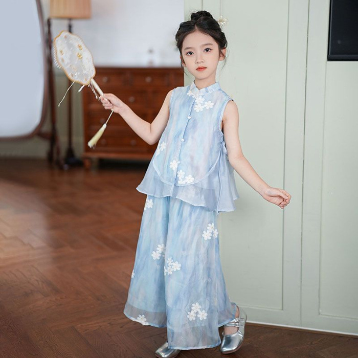 女の子のノースリーブトップス、新しい中国風のツーピースセット、中型と大型の子供用国民風多用途夏の新しいファッションワイドレッグパンツ夏服|undefined