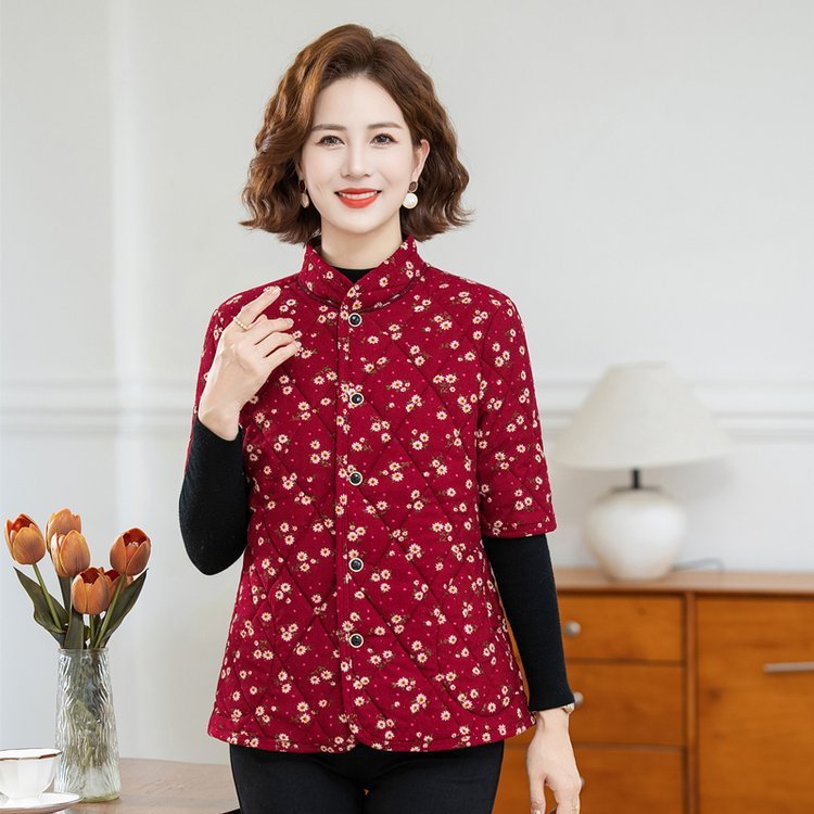 妈妈秋冬装碎花棉马甲外套七分袖棉衣中老年女装加绒翻领保暖坎肩|undefined