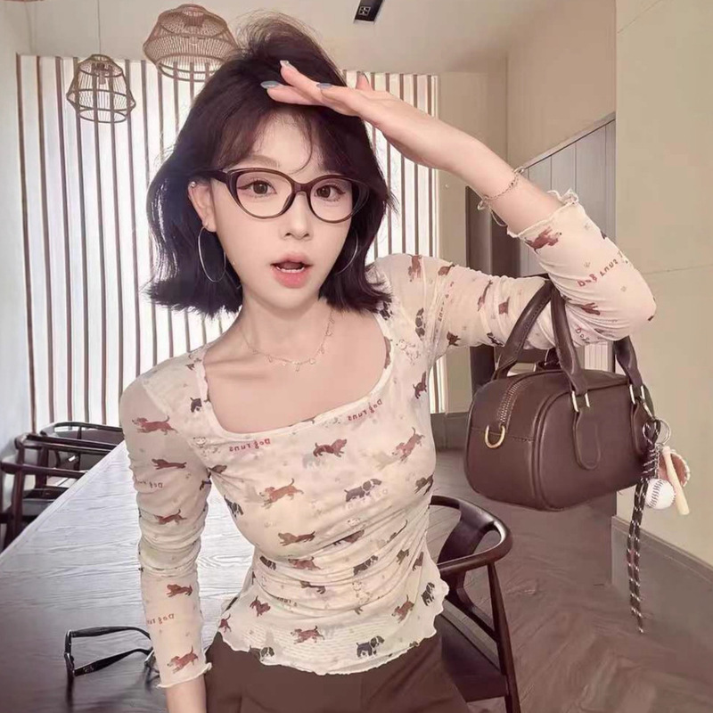 8723 # Early Autumn New Sexy Mesh Front Double-Layer Long-Sleeve T-Shirt Slim Fit Puppy Print Slimming Top