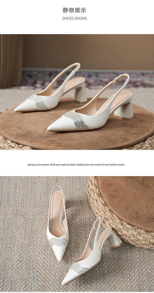 Sandal cao gót nữ mũi nhọn hở gót gót thô đính đá chất liệu satin, gót 6–8 cm — Màu trắng ngà, Vàng nhạt chi tiết 12