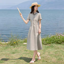 复古格纹衬衫裙女中长款娃娃领连衣裙2026年夏季新款女装显瘦裙子