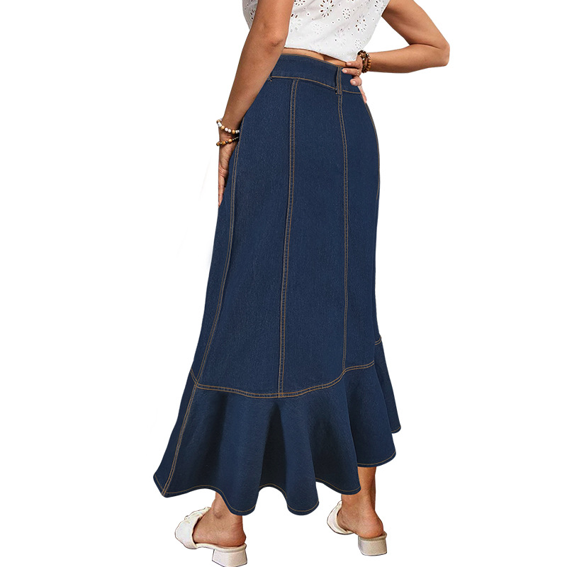 Women's Button-Down Denim Mermaid Skirt, Stretchy Washed Denim Maxi Skirt With Flared Hem, Elegant Tailored Fit_ecoleips.com