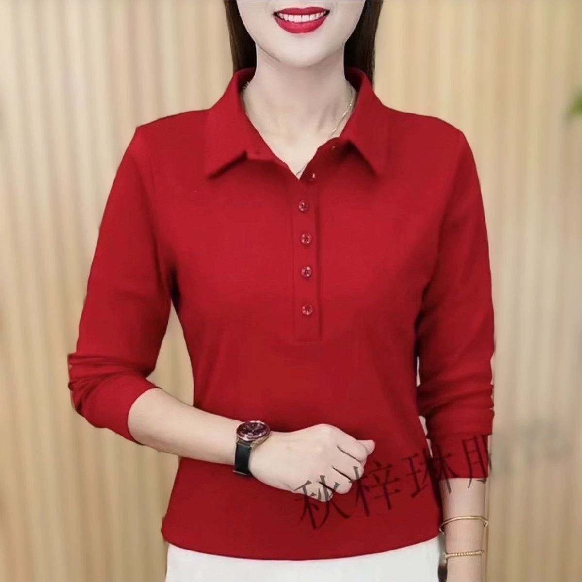 Женская весенне-осенняя футболка с длинными рукавами и лацканами на пуговицах, свободная футболка большого размера, женская тонкая рубашка-поло для мам, топ
