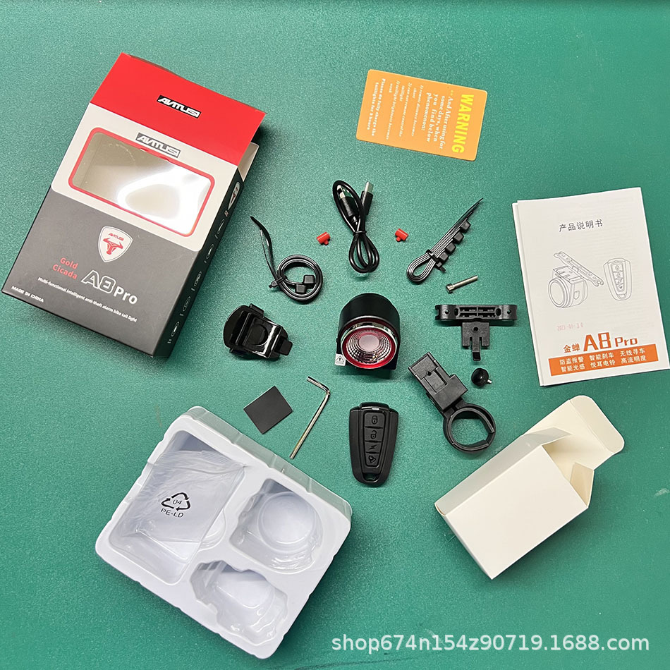 A8 PRO alarma antirrobo de bicicleta freno luz trasera control remoto inalámbrico inteligente altavoz eléctrico carga campana A2