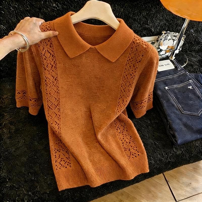 Niche High-End Style Polo Collar Knit Sweater for Women, Early Spring Hollow-Out Sleeve Design, Gray Slimming Versatile Pullover Top
