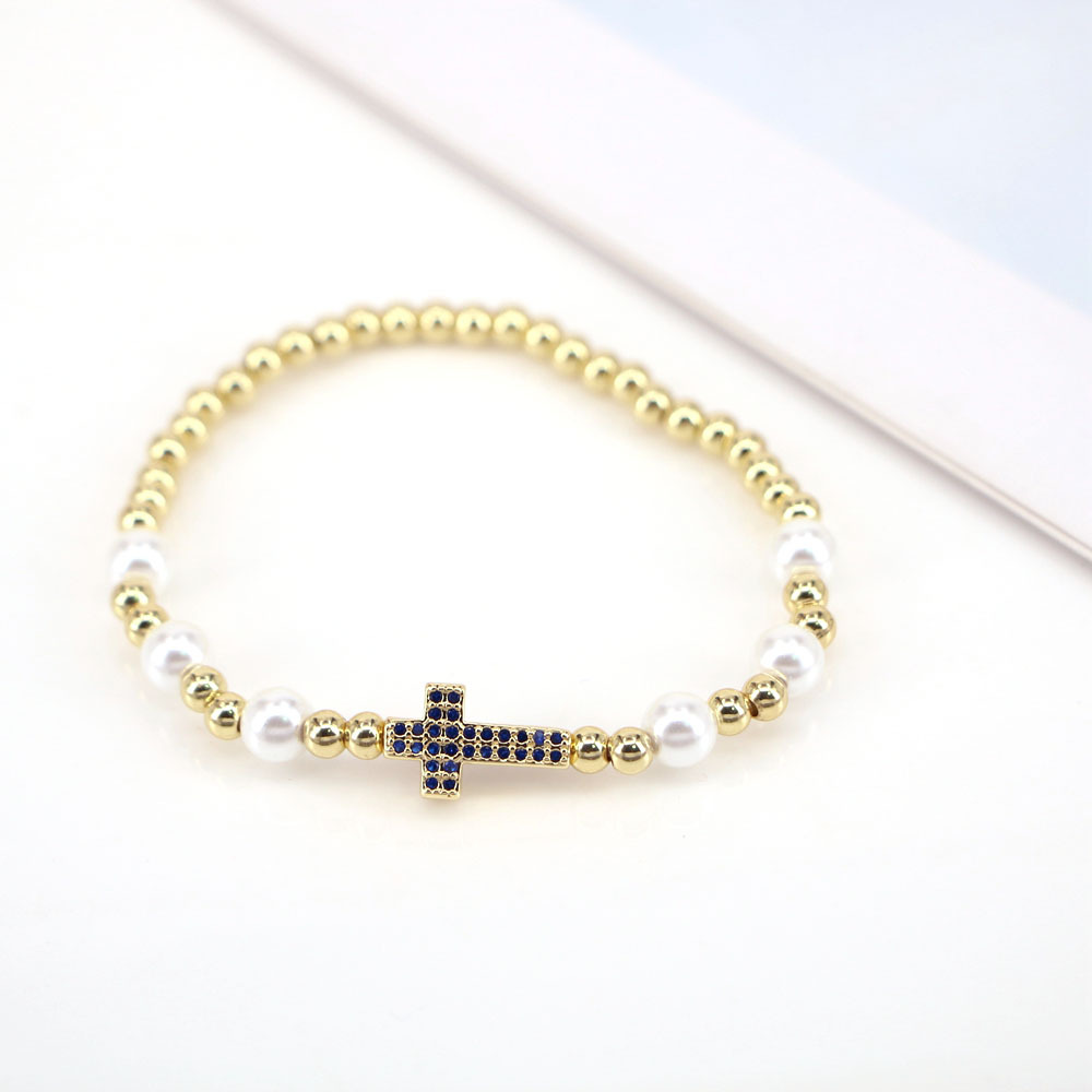 Fashion Cross Copper Bracelets Gold Plated Pearl Zircon Copper Bracelets