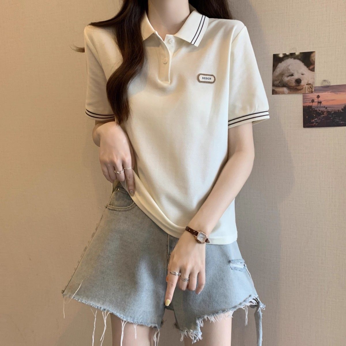 Camiseta suelta de manga corta de verano de talla grande para mujer Gordo mm delgado que cubre los hombros de la carne Estilo universitario de moda Top con cuello Polo image 7