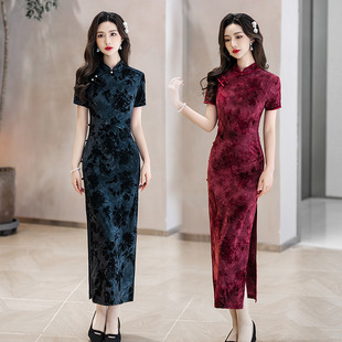 Черное длинное легкое ципао, ретро корсет, китайский стиль, короткий рукав