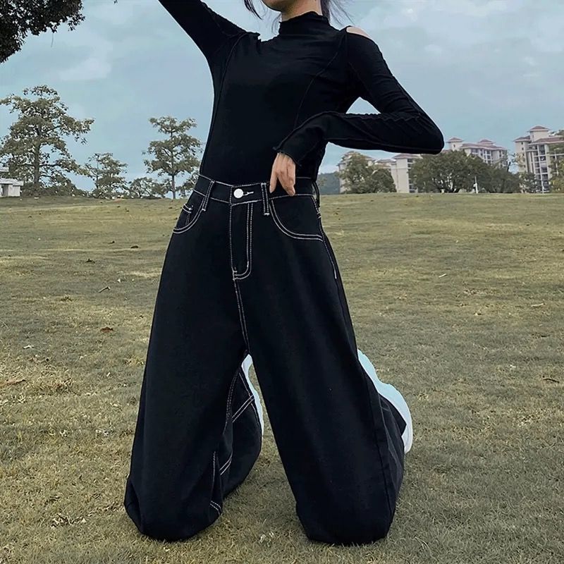 黑色加絨直筒牛仔褲女秋冬新款韓版高腰顯瘦寬鬆闊腿垂感拖地褲子