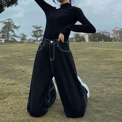 黑色加絨直筒牛仔褲女秋冬新款韓版高腰顯瘦寬鬆闊腿垂感拖地褲子