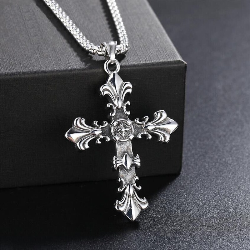 Hip Hop Trendy Brand Men's Necklace Flaming Cross Personalized Simple Pendant Women's Fashion Retro Love Accessories Sweater Chain
