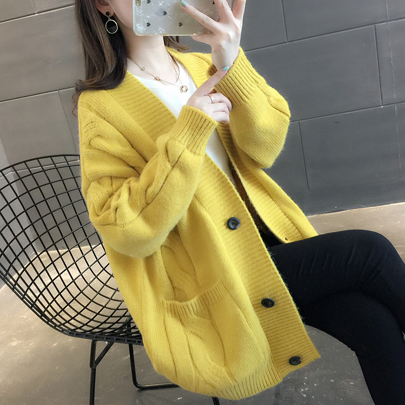 纯色简约气质百搭毛衣女外套秋冬季女装韩版宽松显瘦加厚针织开衫|undefined