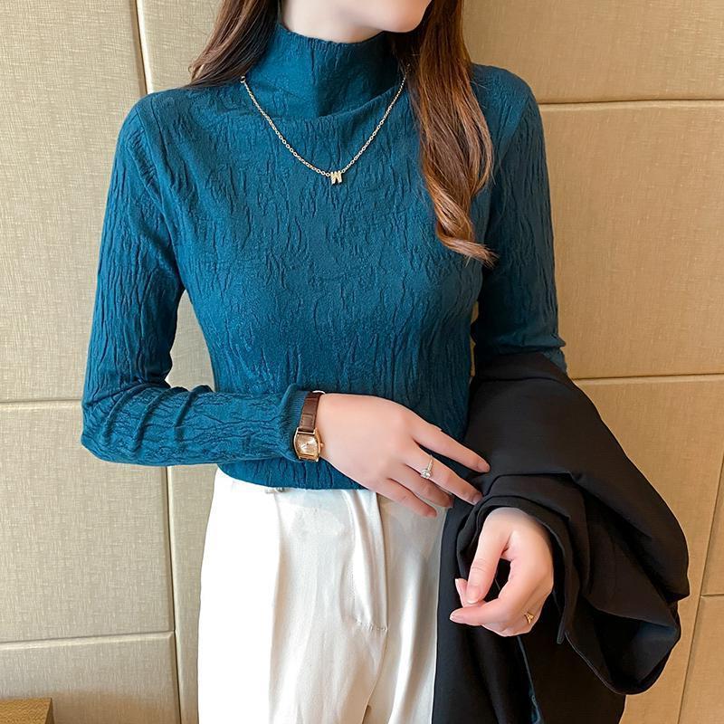 Blanco medio cuello alto suéter de las mujeres Camiseta de manga larga 2022 otoño e invierno nuevo suéter delgado superior