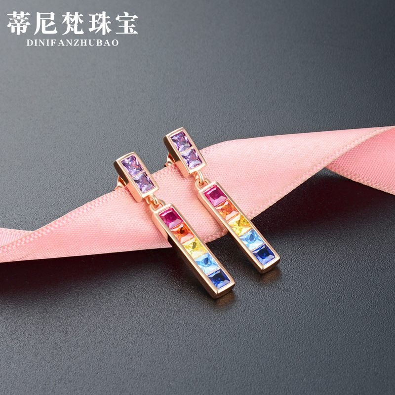 Japonés y estilo coreano moda ol sola fila diamante ZIRCON pendientes s925 plata esterlina con incrustaciones de diamantes de color rosa pendientes de oro joyería del oído femenino