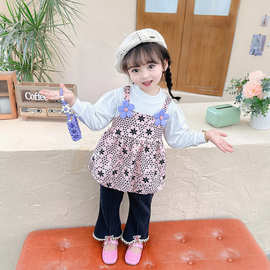 2024秋季新款女童印花可爱长袖蓬蓬裙宝宝假吊带衫长裤两件套批发