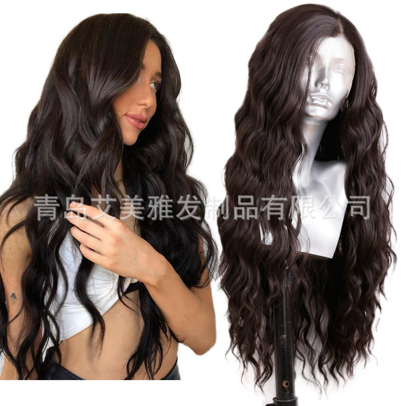 Amazon New Dark Brown deep body Wig Front Lace Medium Long Large Wave Curly Hair Set Factory Spot