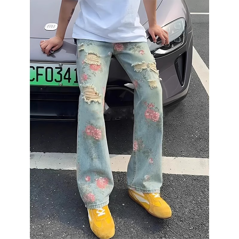 花卉破洞牛仔裤男款夏季美式高街设计感裤子显腿长提档微喇直筒裤|undefined