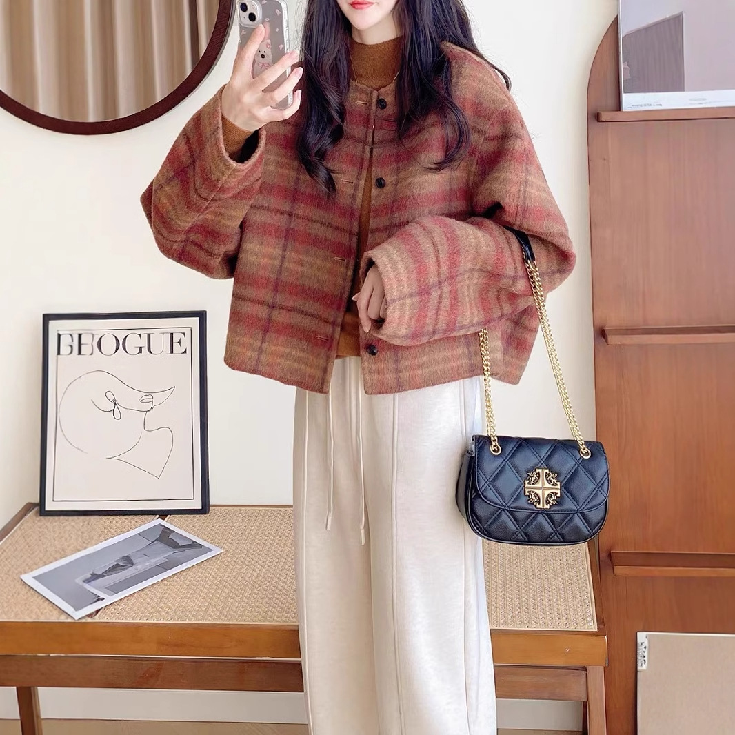 格子双面羊绒大衣女2024秋冬新款小个子茧型短款羊毛大衣毛呢外套