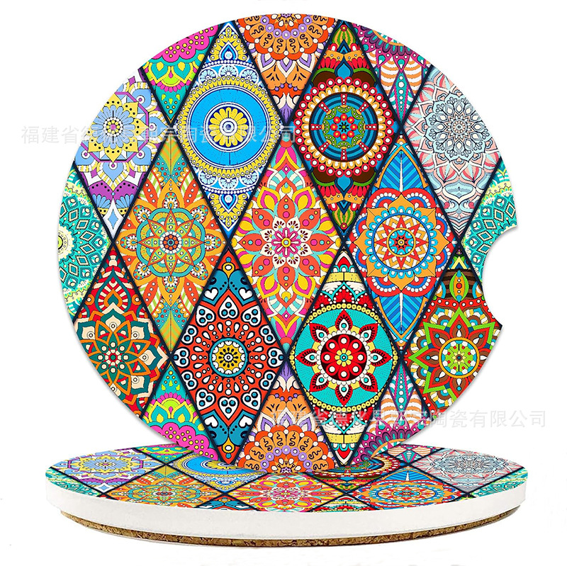 跨境亚马逊创意陶瓷汽车吸水杯垫 隔热防滑软木餐垫可UV印