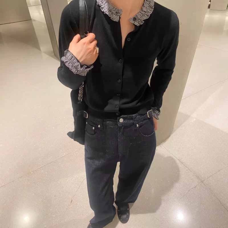 2025年新款秋装洋气黑色木耳边羊毛针织衫女长袖开衫毛衣外套百搭|undefined