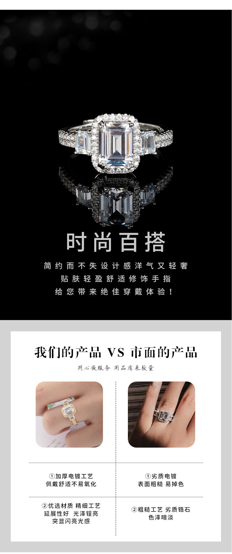 时尚奢华高级感方形开口戒指小众设计可调节食指戒经典