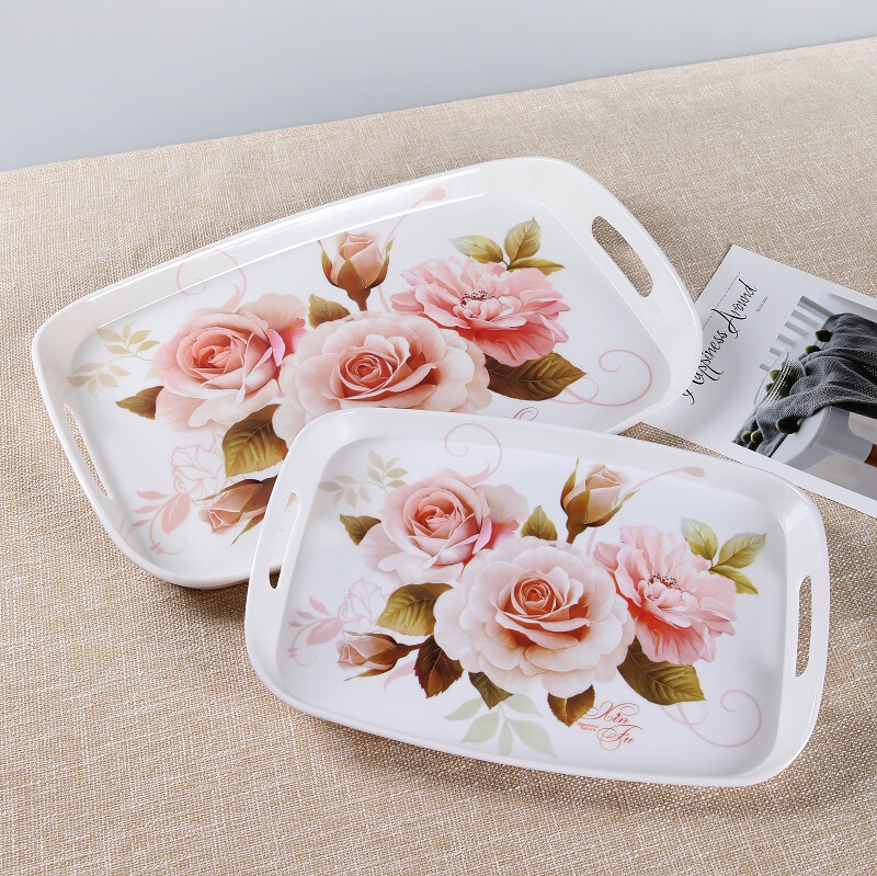 メラミンヨーロッパの家庭用プラスチックの透かし彫りの双耳は磁器のトレーのコーヒーの磐の上の料理のトレーのmelamine plateを真似します。|undefined