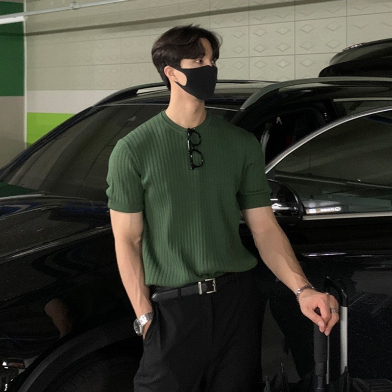 boy Summer Short T-Shirt For Men Ice Silk Knitted Shirt Stretchy Korean Style Slim Fit Round Neck Casual Thin Solid Color_viptrois.com