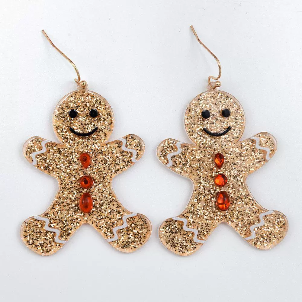 Earrings gingerbread man, glitter dangle earrings, lightweight holiday accessory